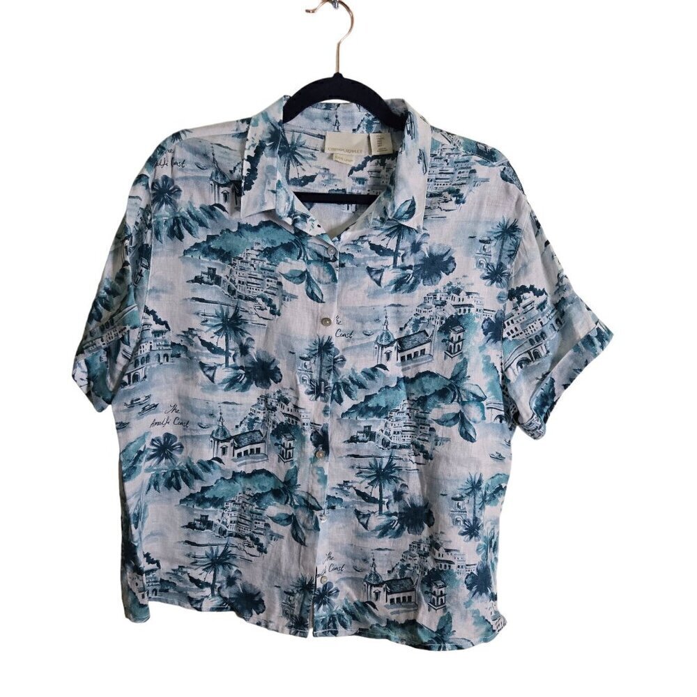 Cynthia Rowley 100% Linen Amalfi Coast Italy Print Button Front Shirt Size L